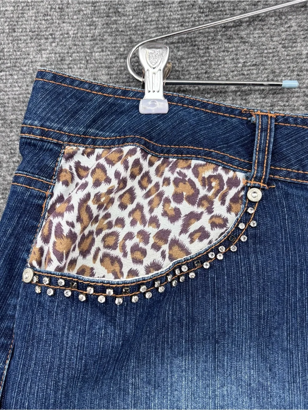 Whisker Washed Western Boho Indie Denim Midi Skirt Women’s 18 Leopard Accent